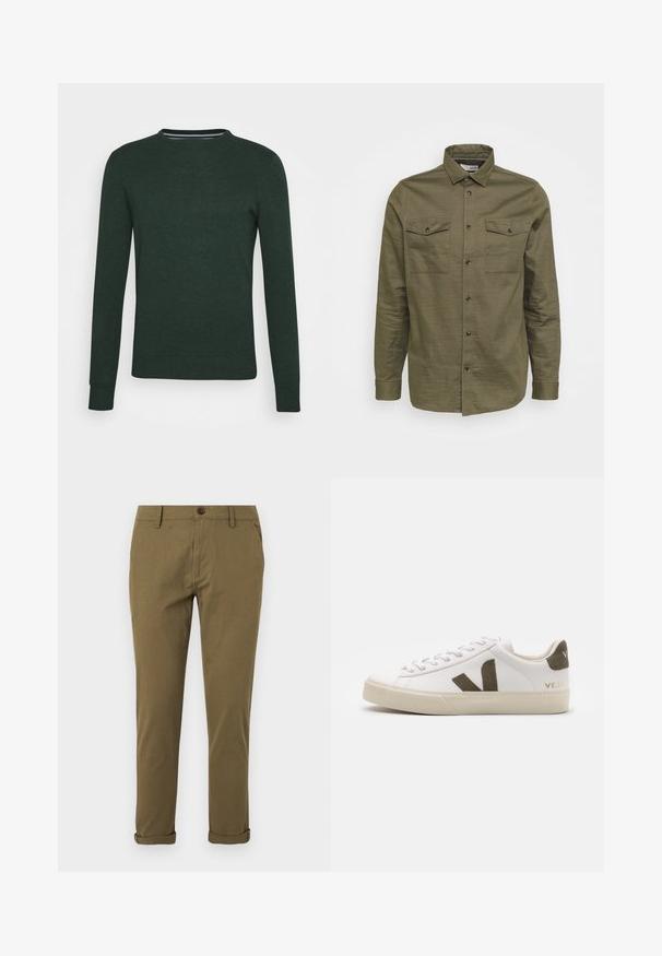 Suéter de punto verde oscuro con cuello redondo, mangas largas y puños y dobladillo acanalados. Textura suave sin patrones o acentos visibles.; Camisa de manga larga verde oliva hecha de tela texturada, con dos bolsillos en el pecho, cierre de botones y un diseño de cuello tradicional.; Pantalones chinos khaki de corte ajustado para hombre con trabillas para cinturón, cierre de botón, bolsillos laterales y puños doblados sobre fondo blanco.; Zapatillas de cuero blanco con una suela de goma beige claro. Presenta un logo en forma de V de gamuza marrón y una pestaña en el talón. Cierre con cordones y superficie texturizada.