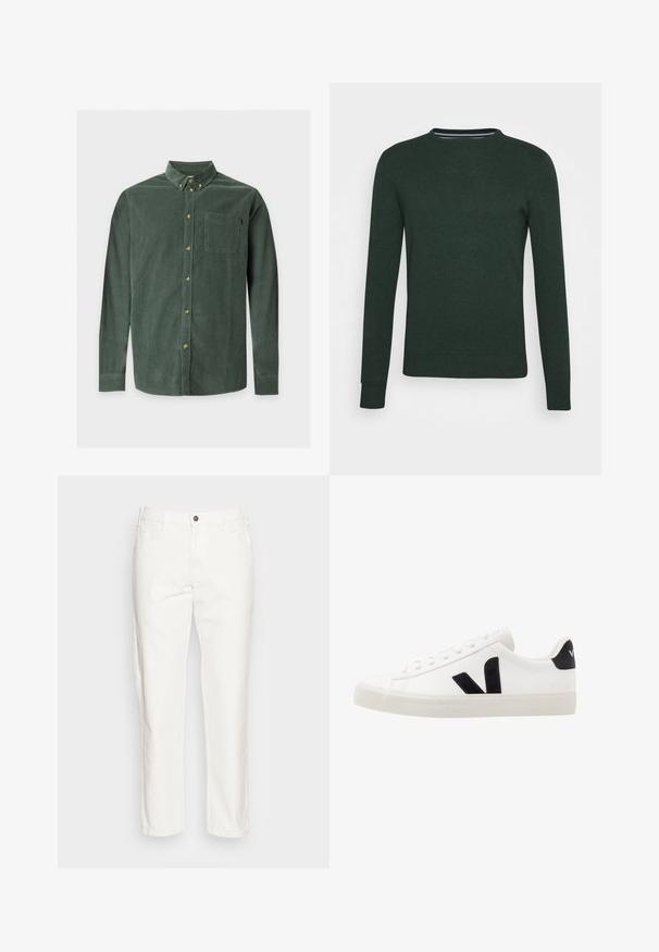 Pull en tricot vert foncé avec un col rond, des manches longues et des poignets et un bas côtelés. Texture lisse sans motifs ni accents visibles.; Chemise en velours côtelé vert à manches longues, col boutonné, poche poitrine avant et boutons beige sur le devant et au col.; Pantalon en coton blanc avec une coupe droite, poches avant, fermeture à bouton unique et une texture douce.; Sneaker blanche en cuir avec des accents en daim noir ; dispose d'une semelle en caoutchouc, d'un bout rond et d'un design classique à lacets. Logo latéral en noir.