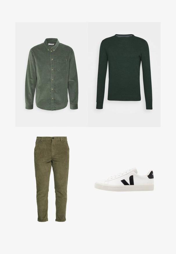 Pull en tricot vert foncé avec un col rond, des manches longues et des poignets et un bas côtelés. Texture lisse sans motifs ni accents visibles.; Chemise boutonnée en velours côtelé vert, à manches longues, avec un col, une poche avant et des boutons dorés. Elle présente un tissu texturé et un ourlet incurvé.; Pantalons en velours côtelé vert olive avec une coupe slim, poches avant, revers repliés et une fermeture à bouton, présentant des côtes verticales pour la texture.; Sneaker blanche en cuir avec des accents en daim noir ; dispose d'une semelle en caoutchouc, d'un bout rond et d'un design classique à lacets. Logo latéral en noir.