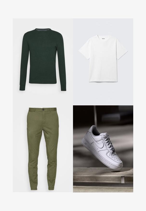 Donkergroene gebreide trui met ronde hals, lange mouwen, en ribgebreide manchetten en onderrand. Het heeft een gladde textuur zonder zichtbare patronen of accenten.; Witte T-shirt met korte mouwen en ronde hals, plat gelegd, effen ontwerp, met een "WEEKDAY" label in de kraag op een lichte achtergrond.; Olijfgroene chino's met een slim-fit ontwerp, voorzien van een voorste knoopsluiting, ceintuurlussen en een gladde, middelzware stoftextuur.; Witte Nike Air Force 1 sneaker van leer met geperforeerde neus, platte veters en een gestructureerde rubberen zool met "AIR"-logo aan de zijkant.