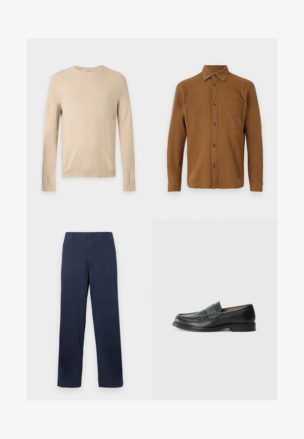 Beige langærmet tekstureret strikket sweater med rund hals og ribkant ved ærmer og kant, vist på en ensfarvet lysegrå baggrund.; Brun langærmet skjorte lavet af tekstureret stof, med knaplukning foran, en enkelt brystlomme og mørke knapper.; Mørkeblå bomuldsbukser med lige ben-design, der har en frontlukning med knap, bæltestropper og en glat tekstur.; Sorte læder loafers med et klassisk design, der har en syet detalje ved tåen og en lav, tekstureret gummisål.