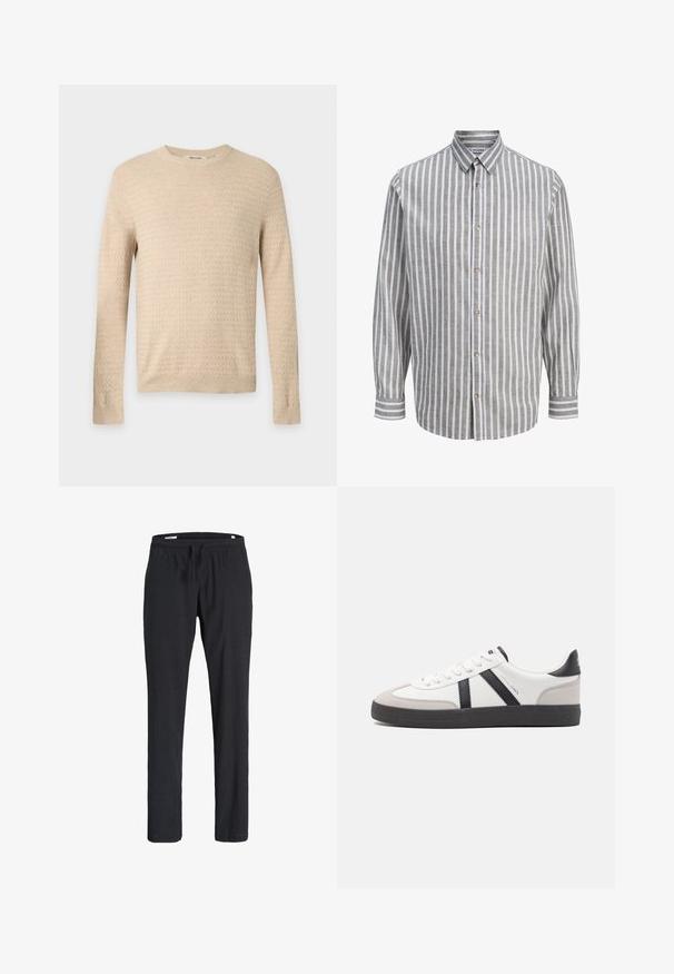 Pull en maille beige à manches longues texturé avec col rond et bords-côtes aux poignets et à l’ourlet, présenté sur un fond uni gris clair.; Chemise à manches longues avec boutons, rayures verticales grises et blanches, col classique, coupe ajustée et poignets boutonnés.; Pantalon décontracté noir avec taille élastique et cordon de serrage, coupe droite, en tissu doux, présenté sur fond blanc.; Baskets blanches avec des accents noirs et gris, présentant un embout texturé gris, une semelle en caoutchouc noir et des lacets plats blancs. Design épuré, style minimaliste.