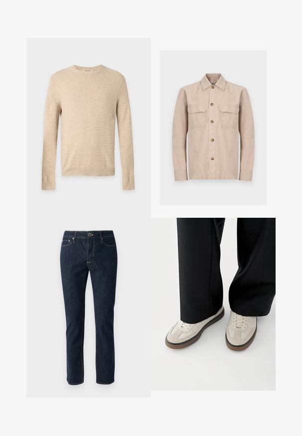 Jersey beige de manga larga con tejido texturizado, cuello redondo y puños y bajo acanalados, mostrado sobre un fondo liso gris claro.; Chaqueta camisa beige de manga larga con botones, cuello y dos bolsillos con solapa en el pecho, mostrada sobre un fondo claro y liso.; Vaqueros de mezclilla azul oscuro con un diseño de pierna recta, que cuentan con un cierre de botón, cinco bolsillos y costuras en contraste. Textura suave.; Pies con zapatillas beige con suelas marrones y pantalones negros de pierna ancha sobre un fondo blanco.