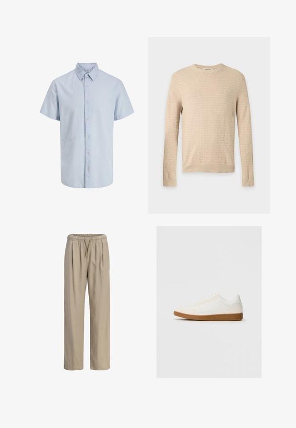 Pull en maille beige à manches longues texturé avec col rond et bords-côtes aux poignets et à l’ourlet, présenté sur un fond uni gris clair.; Chemise pour homme à manches courtes, bleu clair, avec col, boutons sur le devant et ourlet légèrement arrondi.; Pantalon beige à coupe ample avec taille élastique et cordon de serrage, jambes droites et poches latérales.; Baskets blanches avec un capuchon en daim, un dessus en synthétique lisse et une semelle en caoutchouc marron. Présente des perforations sur les côtés pour une meilleure respirabilité.