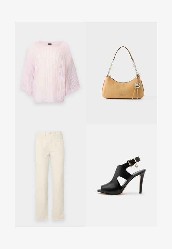 Lyserød strikket sweater med løs pasform, brede ærmer og et tekstureret mønster. Rundet halsudskæring og blødt, let gennemsigtigt materiale.; Beige bomuldsbukser med lige ben, featuring en knaplukning og diskrete frontlommer. Nederkanten har en let opfriskning.; Sort læderhøjhælet sandal med åben tå, sideskæringer, ankrem, gyldent spænde og lille rund vedhæng på en lys baggrund.; Tanfarvet lædertaske fra Michael Kors med sølvfarvet kædehåndtag, logohængsmykke og "MICHAEL KORS" bogstaver foran.