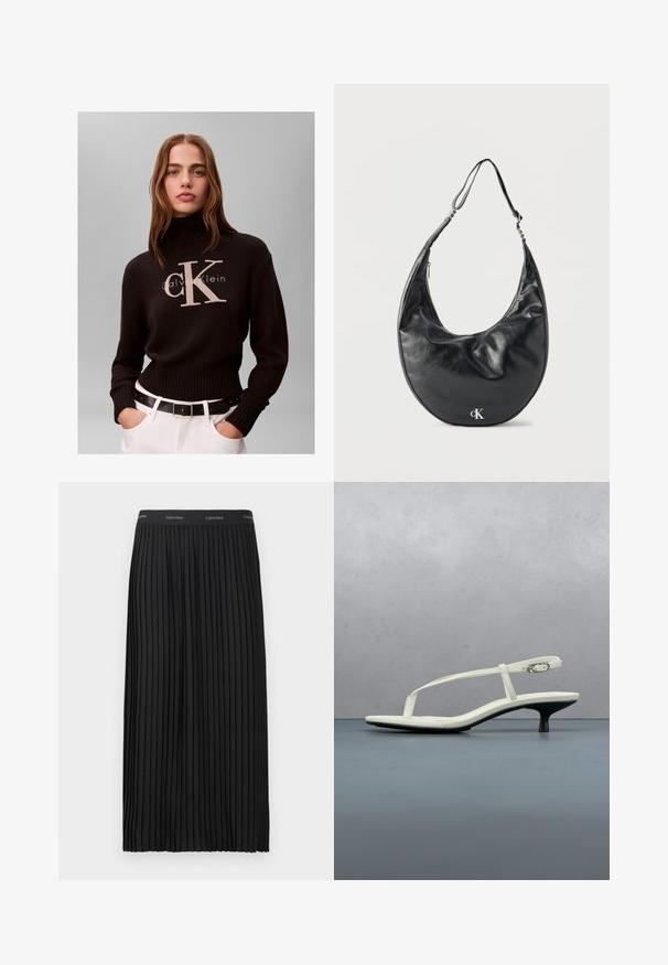 Kvinde med langt hår iført en sort Calvin Klein rullekravetrøje og hvide bukser med sort bælte mod en ensfarvet baggrund.; Sort plisset midi-nederdel med elastisk talje, der har et gentagende Calvin Klein-logo i hvid.; Hvid sandal med stropper og kitten-hæl med spids tå, svævende over et trægulv udendørs med en sløret plante og væg i baggrunden.; Sort læder skuldertaske i halvmåneform med justerbar rem og sølvfarvet "cK"-logo foran, mod hvid baggrund.