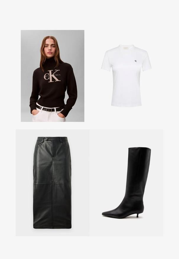 Žena s dlhými vlasmi v čiernom roláku Calvin Klein a bielych nohaviciach s čiernym opaskom na jednofarebnom pozadí.; Biele krátke tričko s krátkym rukávom z mäkkej látky s okrúhlym výstrihom. Na ľavej strane hrudníka má malý čierny logo "ck". Klasický strih.; Čierna kožená ceruzková sukňa s vysokým pásom, skrytým zipsom a prednými vreckami, s hladkou textúrou a podrobným švom.; Čierna kožená čižma po koleno s ostrou špičkou a nízkym kitten opätkom na jednoduchom svetlom pozadí.