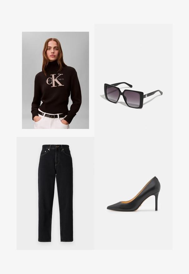 Kvinde med langt hår iført en sort Calvin Klein rullekravetrøje og hvide bukser med sort bælte mod en ensfarvet baggrund.; Sorte denimjeans med lige ben design, høj talje og kontrastsyning. Har fem lommer og lynlåslukning.; Sort læder spidse stiletto hæle med høj hæl, der har en glat overflade og minimalistisk design. Indersiden er foret i tan farve.; Sorte firkantede solbriller med gradient grå linser. Blank ramme med rene linjer. Sølvlogo-aksecent på stængerne.