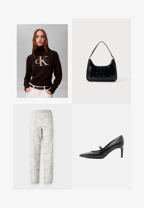 Kvinde med langt hår iført en sort Calvin Klein rullekravetrøje og hvide bukser med sort bælte mod en ensfarvet baggrund.; Strukturerede loungbukser i elfenben med grå mønstre, der har et blødt stof, elastisk talje og ribbede manchetter.; Sort læderspids højhælede sko med tynd rem og spænde over vristen, stående på en neutral lys baggrund.; Sort patentlæder håndtaske med et buet topgreb, lynlåsslukning og prægede "cK" logo på fronten. Glat tekstur, struktureret form.