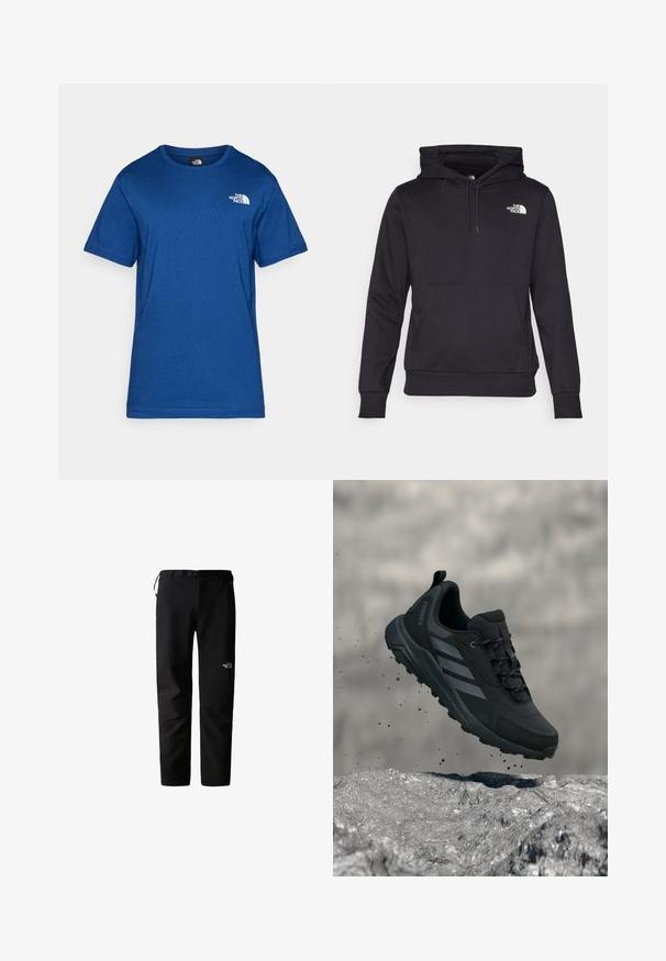 Mustast pehmest kangast pullover kapuutsiga, millel on ees kangaroo-tasku, nööriga kapuuts ja valge logo rinnal.; Sinine lühikeste varrukatega T-särk, mis on valmistatud pehmest kangast, ümmarguse kaelusega ja väikese valge logoga rinnal. Lihtne disain ilma mustriteta.; Mustad mustad pükse, millel on peen disain, valmistatud vastupidavast ja kergest kangast. Omab vööd, kül Pocketeid ja logo reiel.; Must Adidas Terrex matkajalats hõljub kivisel pinnal, mille ümber on tolmuterad õhus hõljuvad.