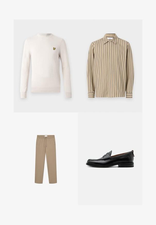 Suéter de color beige claro con mangas largas, cuello redondo y dobladillo acanalado. Presenta un pequeño logo bordado en negro y amarillo en el pecho.; Camisa de manga larga beige con rayas verticales en azul marino, cuello puntiagudo y puños abotonados, elaborada con una suave mezcla de algodón.; Pantalones elásticos beige con cintura elástica y cordón, que cuentan con dos bolsillos laterales y un diseño de pierna recta. Textura suave.; Mocasín de hombre de piel negra con costura moc toe, tira penny, cuello texturizado y tacón bajo apilado sobre fondo blanco.