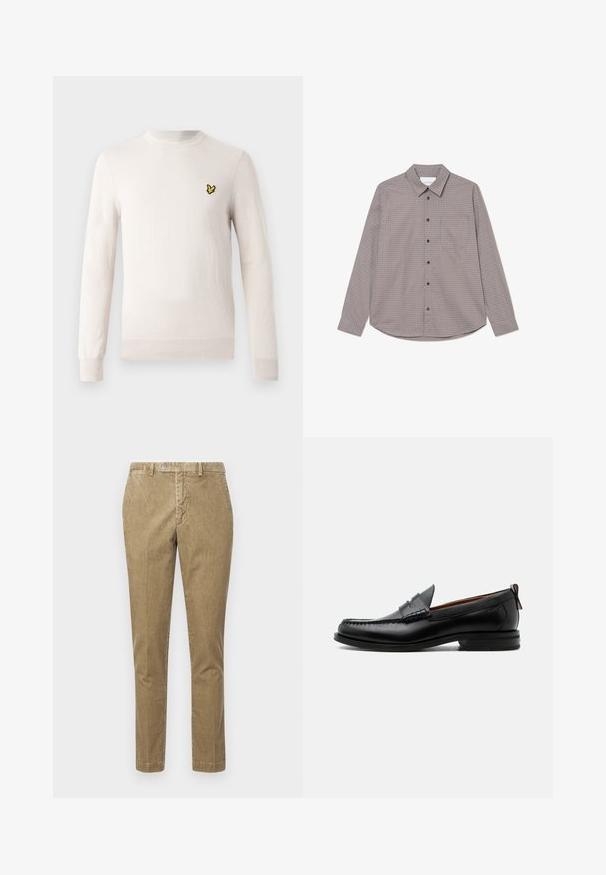 Pull beige clair à manches longues, col rond et ourlet côtelé. Présente un petit logo brodé noir et jaune sur la poitrine.; Chemise à manches longues à carreaux marron et beige. Elle dispose d'un col, d'une poche poitrine et de boutons noirs sur le devant.; Pantalon en velours côtelé beige avec une coupe droite, doté d'une fermeture à boutonnage et de poches avant. Texture lisse avec un motif côtelé visible.; Mocassin homme en cuir noir avec couture moc toe, bride penny, col texturé et petit talon empilé sur fond blanc.