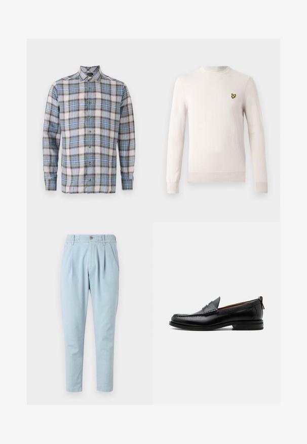 Lichtbeige trui met lange mouwen, ronde hals en geribde zoom. Voorzien van een klein zwart-geel geborduurd logo op de borst.; Geruite shirt in witte, blauwe, groene en paarse tinten. Heeft een button-down kraag, lange mouwen en knopen aan de voorkant. Lichtgewicht stof.; Lichtblauwe broek van textured stof, met een knoopsluiting, elastische tailleband en twee zijzakken. Tapered leg design.; Zwarte leren herensloffen met moc toe stiksel, pennyriem, gestructureerde kraag en lage gestapelde hak op witte achtergrond.