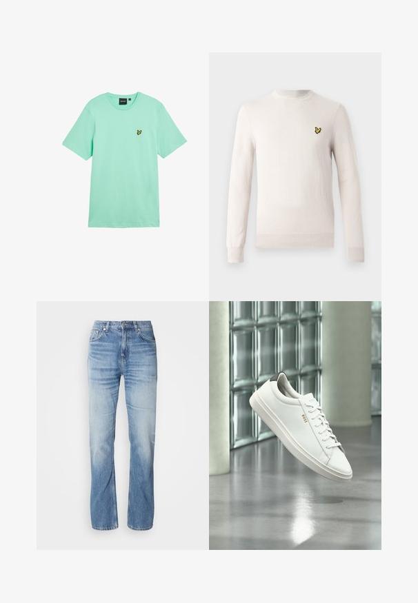 Lysebeige sweater med lange ærmer, rund hals og ribbet kant. Har et lille sort og gult broderet logo på brystet.; Mintgrøn bomuld t-shirt med korte ærmer, rund hals og en lille gul sommerfuglelogo broderet på venstre bryst.; Lyseblå denimjeans med lige ben, slidt finish, fem lommer og knaplukning. Klassisk design og medium tykkelse.; Hvid læder lav-top sneaker med snørebånd, sort hælflig og "BOSS"-logo, svævende indendørs nær glasblok væg og poleret gulv.