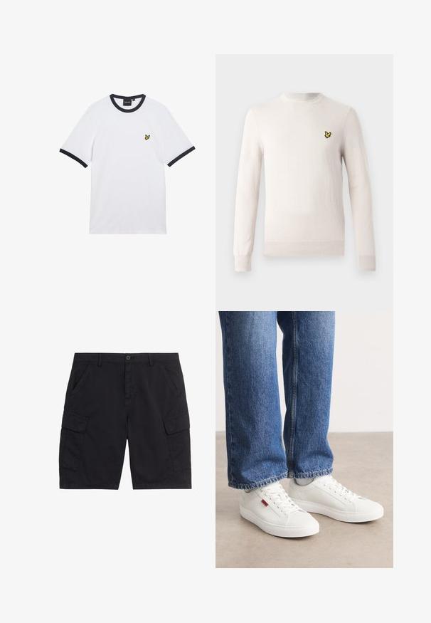 Pull beige clair à manches longues, col rond et ourlet côtelé. Présente un petit logo brodé noir et jaune sur la poitrine.; T-shirt en coton blanc avec col et bordures des manches côtelés bleu marine. Présente un petit logo jaune brodé sur la poitrine.; Shorts cargo noirs avec bouton et fermeture éclair à l'avant, deux poches latérales, deux poches cargo à rabat et passants pour ceinture.; Baskets blanches avec une surface lisse, un bout rond et une semelle plate. Accompagnées d'un jean en denim bleu avec une coupe droite et des coutures visibles.