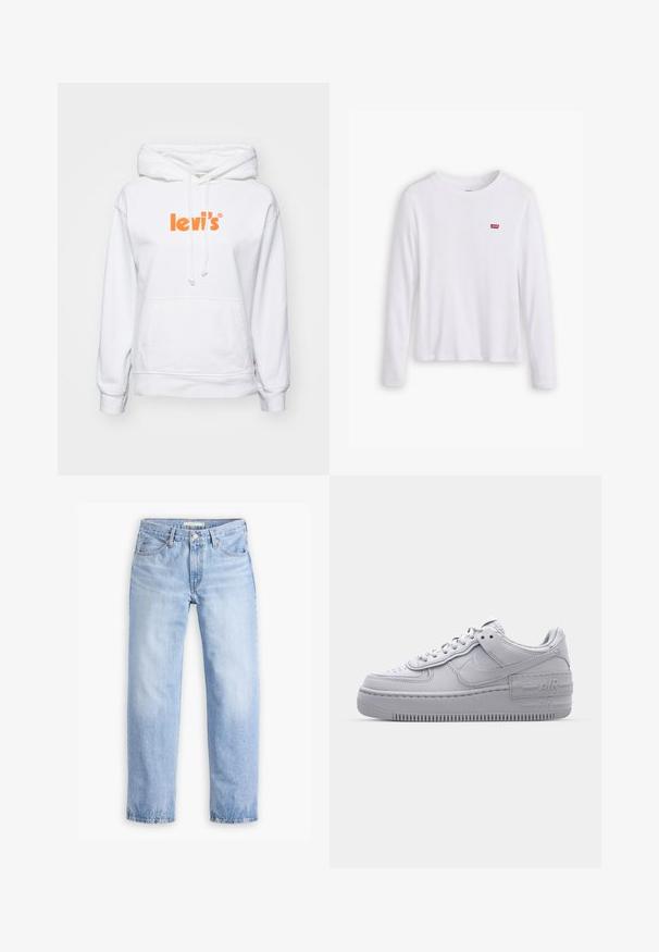 Hvid hættetrøje med kengurulomme, prydet med en orange "levi's" logo på brystet og snore i hætten. Blød stoftekstur.; Hvid langærmet skjorte lavet af blødt bomuld. Har et lille rødt Levi's logo på venstre bryst. Klassisk crew neck design.; Lyseblå denimjeans med en lige ben-design, fem lommer og en mellemhøj talje. Har en falmet struktur og håndsyet kant.; Grå Nike Air Force 1 sneakers med perforeret tå, glat læderoverdel, tyk sål og præget 'AIR' detalje på hælen.