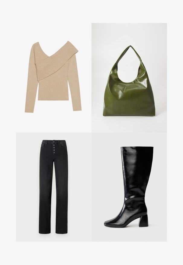 Even&Odd Striktrøje - mottled beige; Sorte denim jeans med høj talje og lige ben, featuring en fem-knaps lynlås, forlommer og en glat overflade.; Sort knæhøj læderstøvle med firkantet blokhæl og let spids tå, vist fra siden på en neutral baggrund.; Grøn læder hobo taske med en slouchy design, buet håndtag og glat tekstur. Indeholder ingen synlig hardware eller accenter.