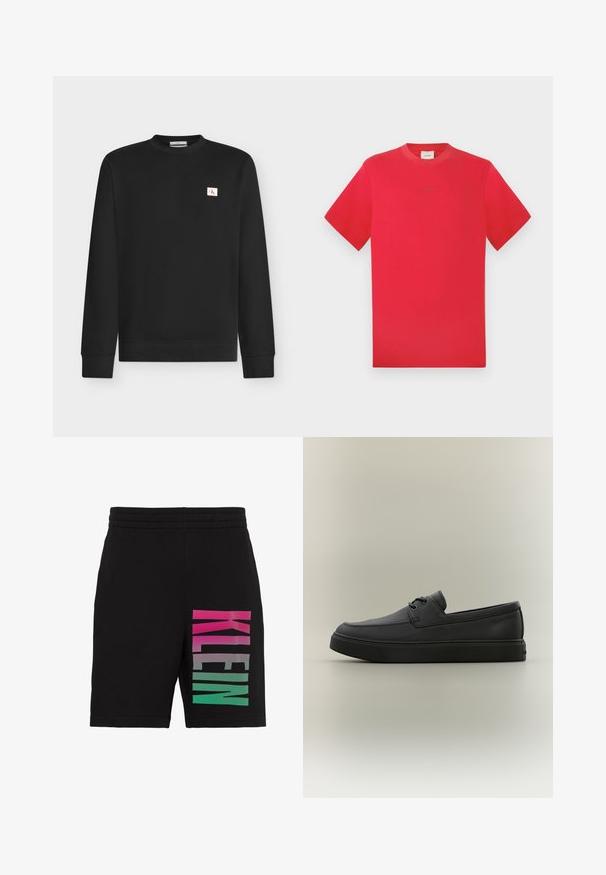 Sweat-shirt noir à manches longues avec col rond, avec un petit patch logo blanc sur le côté gauche de la poitrine avec le lettrage rouge "cK".; T-shirt rouge à col rond en coton. Manches courtes, couleur unie avec un logo discret au centre. Texture douce et coupe classique.; Short noir avec taille élastique et grand texte vertical "KLEIN" sur une jambe en dégradé rose, gris et vert.; Mocassin décontracté en cuir noir avec des détails de laçage et une semelle en caoutchouc épaisse, présenté de profil sur un fond neutre.