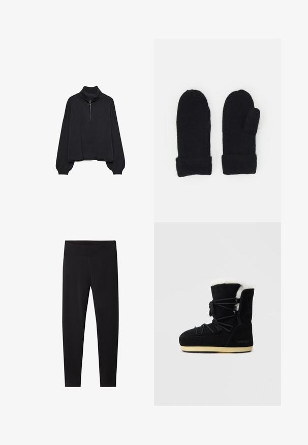 Sort højhalset sweater med halv lynlås foran, oversized ærmer og blød tekstur. Har ribbet krave og kant. Minimalistisk design.; Sorte leggings med en bred, elastisk talje. Fremstillet af et glat, strækbart materiale, skræddersyet til en tætsiddende silhuet uden synlige mønstre.; Sort ruskindsstøvle med hvid pelsfor, der har snørebånd foran, polstret ankelstøtte og gummisål for godt greb.; Sorte uldvanter med en blød tekstur, forlænget form og ribbede manchetter, hvor den ene vante har en tommelåbning.