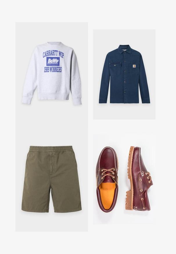 Ανοιχτό γκρι φούτερ με μπλε κείμενο "CARHARTT WIP," "BIG WIP Conference," και "1989 WINNERS" μπροστά, με στρογγυλή λαιμόκοψη, μακριά μανίκια.; Εργασιακό πουκάμισο από βελούδο σε ναυτικό μπλε χρώμα με μακριά μανίκια, εμπρόσθια κούμπωμα με κουμπιά-πατιλέτα, δύο τσέπες στο στήθος και μικρό λογότυπο Carhartt στην δεξιά τσέπη.; Χακί casual σορτς με ελαστική μέση και πλαϊνές τσέπες, σε φωτεινό γκρι φόντο.; Μπορντώ δερμάτινα παπούτσια με καφέ ελαστικές σόλες, στρογγυλή μύτη, λευκή ραφή και χρυσές τρύπες κορδονιών. Η εσωτερική επένδυση διαθέτει κίτρινη φόδρα.