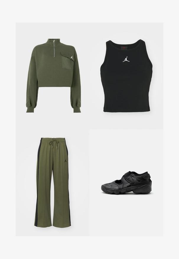 Olivinvihreä lyhyt huppari pitkillä hihoilla, korkealla vetoketjulla ja läpätaskulla, jossa on valkoinen Jumpman-logo rinnassa.; Mustan muotonsa mukaisesti istuva hihaton paita, joka on valmistettu puuvillasta. Paitassa on pyöreä pääntie ja edessä keskellä valkoinen Jordan-logo brodeerattuna. Sujuva tekstuuri.; Vihreät treenihousut mustilla sivupaneeleilla, joustava vyötärö ja nyöri. Vasemmassa lahkeessa on pieni musta logo. Pehmeä kangas.; Mustat urheilusandaalit, joissa suljettu varvasosa, tarranauhat keskijalassa ja kannassa sekä paksu pehmustettu pohja, jossa sivussa merkintä "AIR".