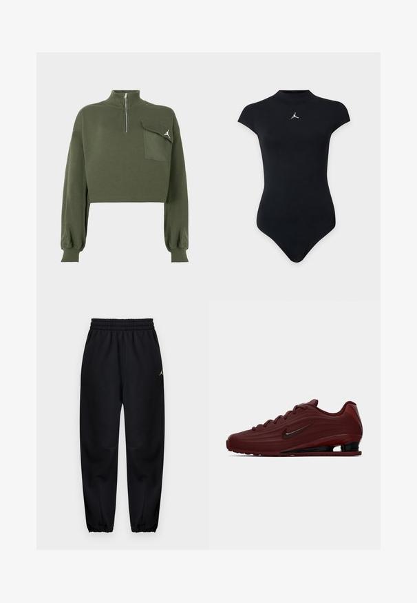 Olivengrøn cropped sweatshirt med lange ærmer, høj hals med lynlås og en klaplomme med et hvidt Jumpman-logo på brystet.; Sort kortærmet tætsiddende bodysuit med høj halsudskæring og lille hvid jumpman-logo på brystet.; Sorte tapersvedbukser med elastisk talje og manchetter, lille logo på øvre lår, forlommer, glat stoftekstur.; Bordeaux Nike sneakers med sorte sål accenter, snørebånd og swoosh logo, vist i profil på hvid baggrund.