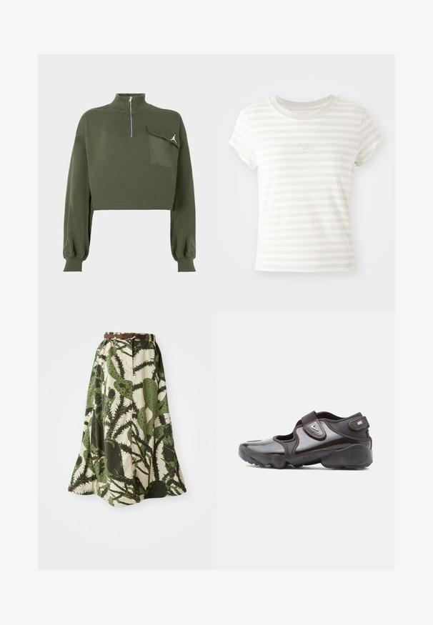 Olivengrøn cropped sweatshirt med lange ærmer, høj hals med lynlås og en klaplomme med et hvidt Jumpman-logo på brystet.; Hvidstribet kortærmet t-shirt lavet af blød bomuld. Har en rund halsudskæring og et lille broderet Nike-logo på brystet.; Lang nederdel med kaktusprint i nuancer af grøn og creme, med en sammenpresset talje og et brunt bælte til lukning.; Mørkebrune sportssko med en blank finish, velcrolukning, rundet tå og en tekstureret sål med polstrede designelementer.