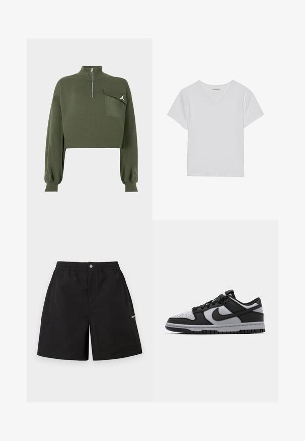 Olivovo zelený skrátený sveter s dlhými rukávmi, vysokým zipsom a kapsou na klopu, na ktorej sa nachádza biely logo Jumpman na hrudi.; Biely krátky rukáv V-krčný tričko vyrobené z rebrovanej tkaniny. Má čistý dizajn s rovnými okrajmi a minimálnym detailovaním.; Čierne krátke nohavice z ľahkej tkaniny s elastickým pásom, prednými vreckami a bočným nákladným vreckom. Jednoduchý, úžitkový dizajn.; Čierne a šedé nízke tenisky Nike Dunk s perforovanou špičkou, hladkými koženými akcentmi a gumovou podrážkou so štruktúrovaným dezénom.