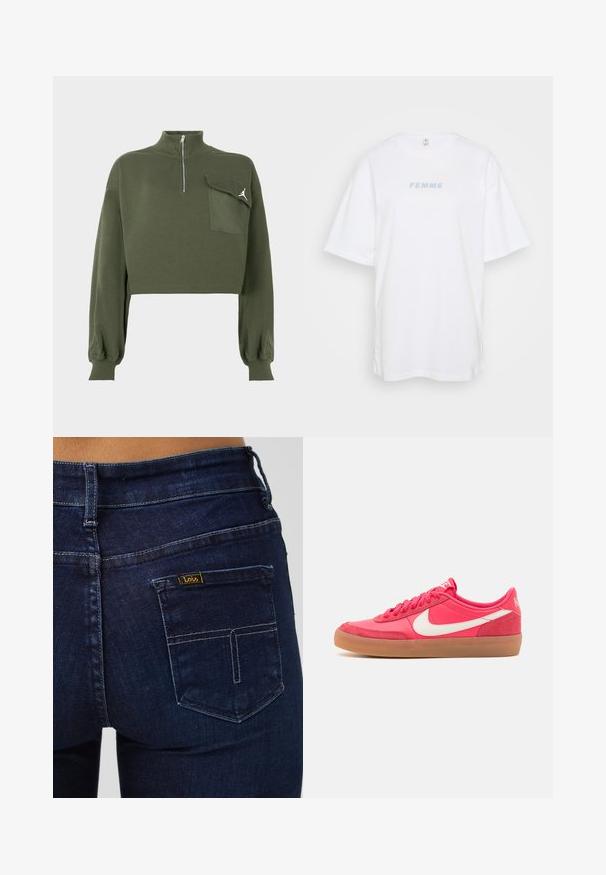 Oliivroheline lühike kangasülemik, millel on pikad varrukad, kõrge kaelaga lukuga ja klapiga tasku, millel on rinna peal valge Jumpman logo.; Valge puuvillane T-särk langetatud õlgadega, millel on kergelt sinine "FEMME" tekstiprint rindkerel. Klassikaline ümmargune kaelus ja mugav lõige.; Tumed sinised teksapüksid, millel on tavaline tagatasku. Omavad õmmeldud detaile ning väike kollane silt brändi "Lois" logoga.; Roosa tennis, millel on sile sünteetiline pealis, valge Swoosh logo ja kummist põhi. Omab ümmarguseid paelu ja pehmendatud krae mugavuseks.