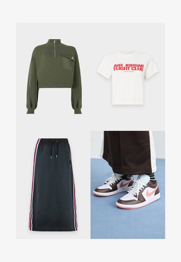 Sweatshirt court vert olive avec des manches longues, col haut zippé, et une poche à rabat arborant un logo Jumpman blanc sur la poitrine.; T-shirt en coton blanc avec un texte rouge audacieux : "AIR JORDAN FIGHT CLUB" et "MEMBRE OFFICIEL". Manches courtes et col rond classique.; Jupe noire midi avec taille élastique, cordon noir et rayures sur les côtés en bleu clair, rouge et noir.; Baskets Nike Air Jordan blanches et brunes avec des accents roses, présentant un design basse, des lacets blancs et une semelle en caoutchouc texturée.