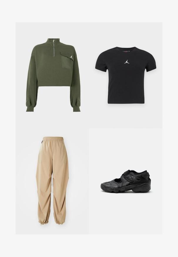 Oliivroheline lühike kangasülemik, millel on pikad varrukad, kõrge kaelaga lukuga ja klapiga tasku, millel on rinna peal valge Jumpman logo.; Must have valge Jumpmani logo rinnal must lühikeste varrukatega lühike T-särk, millel on lihtne taust.; Beežid kerged püksid elastse vöökohtaga, kitsenevate sääreotsadega ja sileda tekstuuriga. Püksid on lõdva lõikega ning neil ei ole nähtavaid mustreid ega kaunistusi.; Mustad sportlikud sandaalid suletud varbaga, takjakinnitused sääre keskosas ja kandadel ning paks pehmendusega tald, millel külgmisel küljel kiri "AIR".