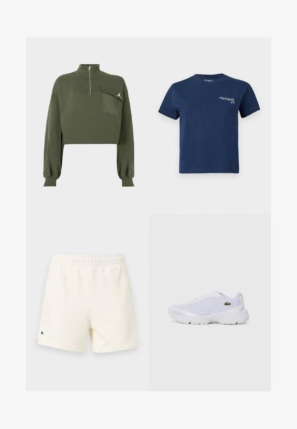 Olivgrüner, gekürzter Sweatshirt mit langen Ärmeln, hohem Kragen und Reißverschluss sowie einer Klapptasche, die ein weißes Jumpman-Logo auf der Brust trägt.; Navyblaue Baumwoll-T-Shirt mit kurzen Ärmeln, Rundhalsausschnitt und einem weißen Logo, das auf der linken Vorderseite aufgedruckt ist. Einfaches Design, glatte Textur.; Off-weiße Freizeithose mit elastischem Bund und kleinem grünem Krokodil-Logo am unteren linken Bein.; Weiße Sportschuhe mit Netzobermaterial, strukturiertem Design und gepolstertem Kragen. Merkmale sind ein grünes Logo an der Seite und eine gepolsterte Sohle für Komfort.