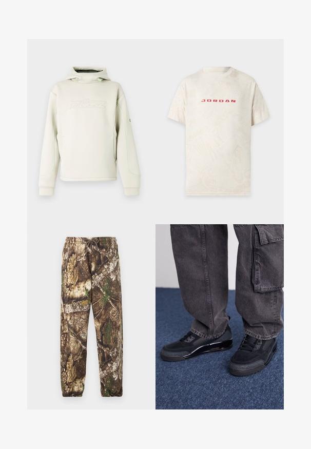 Cremefarvet hættetrøje med høj krave og snoretræk, diskret præget logo på brystet og grøn piping langs ærmer og sider.; Off-white t-shirt med korte ærmer med rød "JORDAN" tekst centreret på brystet og et subtilt abstrakt mønster over det hele.; Camo sweatpants med et brunt og grønt naturligt mønster, der har en elastisk talje med snore og elastiske manchetter ved anklerne.; Sorte sportsko med en struktureret overflade, glatte detaljer og en kraftig sål, der er parret med mørke, løstsiddende cargo-bukser.