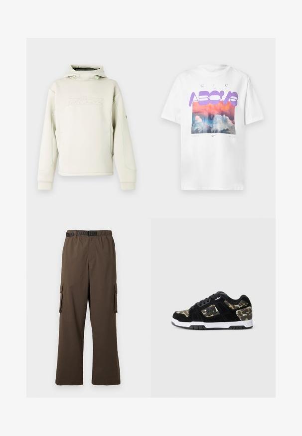 Sudadera con capucha de color crema con cuello alto y cordones, logotipo sutil en relieve en el pecho y ribete verde a lo largo de las mangas y los costados.; Camiseta blanca de algodón con un gráfico de nube colorida, texto "FLY ABOVE" en púrpura y el logo de Nike debajo con la frase "THERE IS NO LIMIT."; Pantalones cargo marrones de corte holgado, con cintura elástica y dos bolsillos laterales. Incluyen un cinturón negro con diseño, de textura suave.; Zapatilla de ante negra con patrón de camuflaje en el lateral, media suela blanca y suela exterior de goma negra. Presenta cordones y detalle del logo en el lateral.