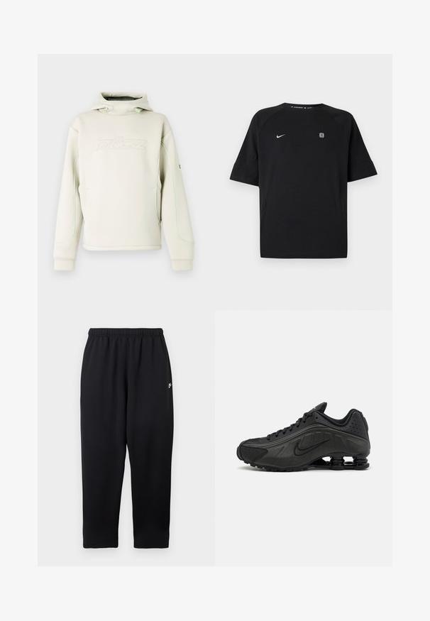Cremefarvet hættetrøje med høj krave og snoretræk, diskret præget logo på brystet og grøn piping langs ærmer og sider.; Sort Nike sportstrøje med korte ærmer med hvid swoosh-logo på venstre bryst og lille firkantet emblem på højre bryst, ensfarvet baggrund.; Sorte joggingbukser med elastisk taljebånd, der har et lille hvidt logo på venstre side. Fremstillet af blødt, let stof. Lige ben.; Sorte løbesko med en glat syntetisk overdel, perforerede detaljer, teksturerede sidedele og en distinkt fjedrende sål.
