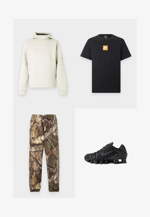 Sudadera con capucha de color crema con cuello alto y cordones, logotipo sutil en relieve en el pecho y ribete verde a lo largo de las mangas y los costados.; Camiseta negra de manga corta Nike con un pequeño logo cuadrado naranja y el símbolo blanco de Nike centrado en el pecho.; Pantalones de chándal de camuflaje con un patrón natural en tonos marrón y verde, que cuentan con una cintura elástica con cordón y puños elásticos en los tobillos.; Zapatillas deportivas negras fabricadas con malla y materiales sintéticos, con un diseño ondulado distintivo, suela de goma negra y detalles reflectantes.