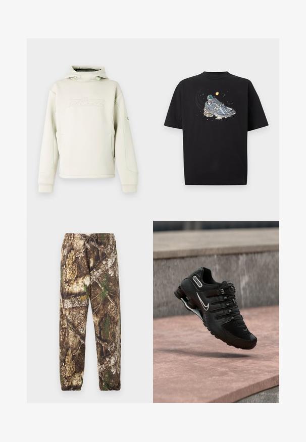 Sudadera con capucha de color crema con cuello alto y cordones, logotipo sutil en relieve en el pecho y ribete verde a lo largo de las mangas y los costados.; Camiseta negra con una imagen de una zapatilla gris en el espacio, con una pequeña figura de astronauta y elementos celestiales alrededor.; Pantalones de chándal de camuflaje con un patrón natural en tonos marrón y verde, que cuentan con una cintura elástica con cordón y puños elásticos en los tobillos.; Zapatilla de running Nike Shox negra con logo Swoosh blanco, en el aire sobre una superficie de hormigón rosada frente a una pared de piedra gris.