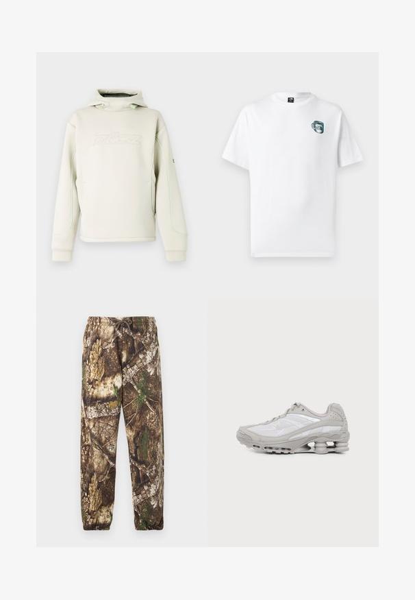Cremefarvet hættetrøje med høj krave og snoretræk, diskret præget logo på brystet og grøn piping langs ærmer og sider.; Hvid T-shirt med korte ærmer med lille grønt kopgrafik og "The North Face" logo på venstre bryst.; Camo sweatpants med et brunt og grønt naturligt mønster, der har en elastisk talje med snore og elastiske manchetter ved anklerne.; Grå og hvid atletiksko med synlig luftpolstret sål og mesh-paneler, vist i profil på en ensartet lys baggrund.