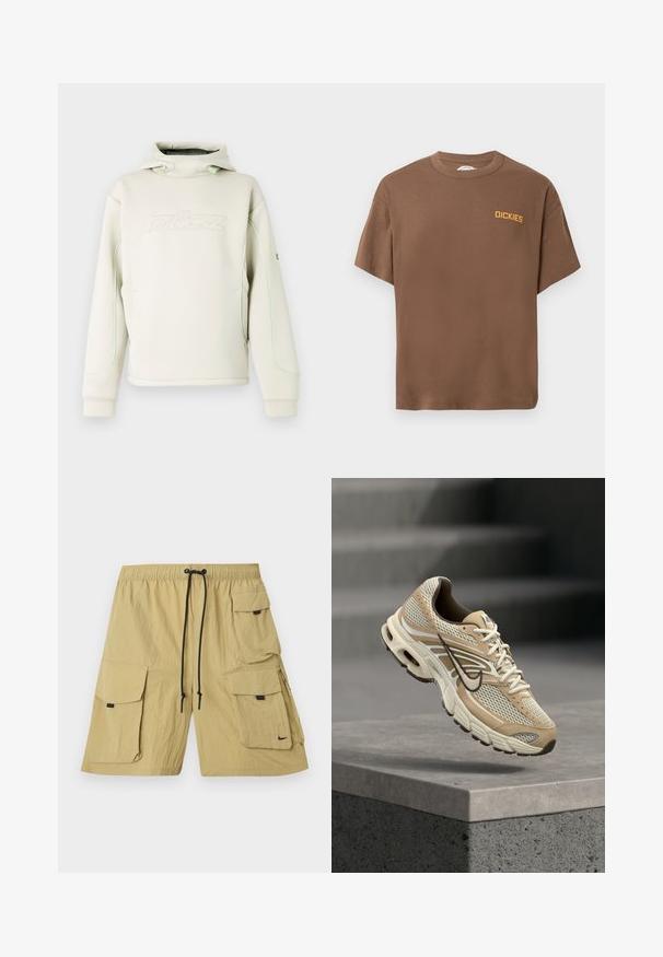 Sudadera con capucha de color crema con cuello alto y cordones, logotipo sutil en relieve en el pecho y ribete verde a lo largo de las mangas y los costados.; Camiseta marrón de manga corta y cuello redondo con pequeño logo amarillo "DICKIES" en el lado izquierdo del pecho sobre un fondo blanco liso.; Pantalones cortos cargo beige hechos de una tela ligera. Presentan múltiples bolsillos laterales, una cintura elástica con cordón y un pequeño logo.; Zapatilla de running Nike beige y blanca con paneles de malla y el swoosh negro, flotando sobre un borde de hormigón con escaleras desenfocadas al fondo.