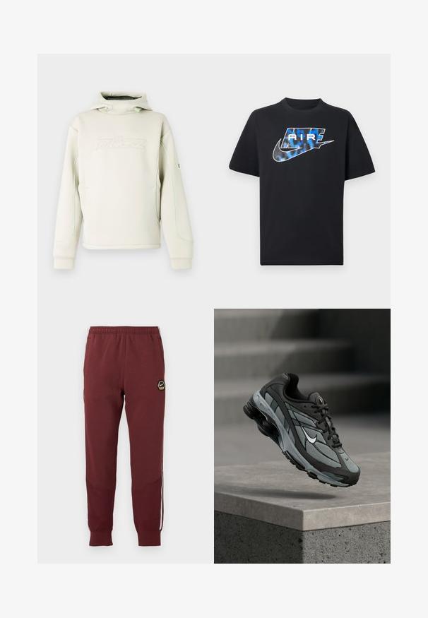 Cremefarvet hættetrøje med høj krave og snoretræk, diskret præget logo på brystet og grøn piping langs ærmer og sider.; Sort t-shirt med korte ærmer med blå og hvide stiliserede "AIR"-bogstaver og Nike swoosh-logo på brystet.; Mørkerøde sweatpants med et sekskantet Nike-logo, elastisk talje, to sidelommer og hvide sidelommer. Tekstureret stof med tapered ben-design.; Grå og sort atletiksko med meshpaneler og tyk sål, placeret i luften over en betonliste med trapper i baggrunden.