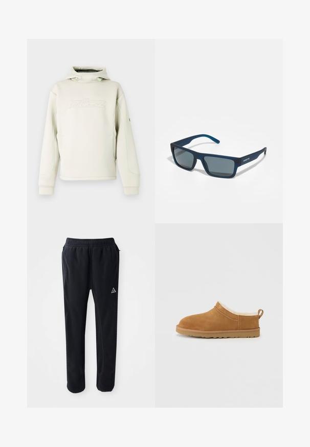 Sudadera con capucha de color crema con cuello alto y cordones, logotipo sutil en relieve en el pecho y ribete verde a lo largo de las mangas y los costados.; Pantalones atléticos negros de material suave y texturizado, con cinturilla elástica, bolsillos laterales y un acento de logo triangular en el muslo.; Zapato marrón de ante tipo slip-on con un suave forro interior de piel blanca, punta redondeada y suela de goma con pequeños patrones de tracción.; Gafas de sol mate azules con lentes rectangulares, montura resistente y una notable marca en las patillas. Puntas texturizadas para un ajuste cómodo.