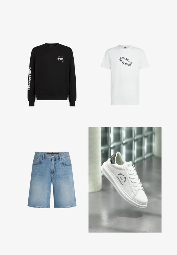 Sudadera negra de mezcla de algodón, con un pequeño gráfico de un rostro con gafas de sol en el pecho y el texto "KARL LAGERFELD" en la manga.; Camiseta de algodón blanca con mangas cortas, que presenta un logo de texto curvado en negro que dice "KARL LAGERFELD" en el frente.; Shorts de mezclilla en azul claro, con un corte clásico, cinco bolsillos y costuras en contraste. Terminado con una cinturilla estándar y cierre de botón.; Zapatilla de piel blanca con acentos en el talón negro, tejido texturizado, cordones planos y detalles del logotipo en relieve en el costado. Punta redondeada y suela acolchada.