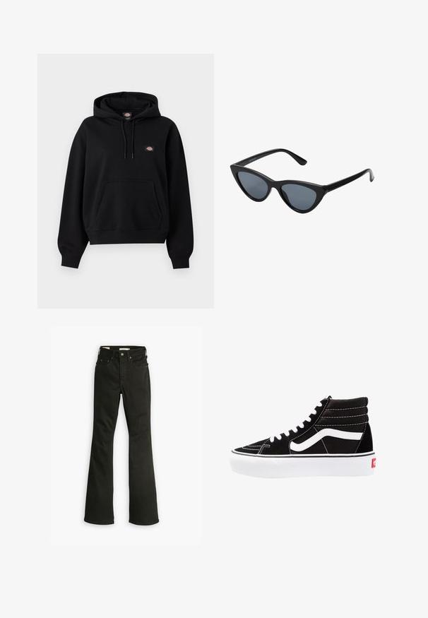 Zwarte pullover hoodie met een voorkant buidelzak, verstelbare trekkoordkap, geribbelde manchetten en zoom, en een klein meerkleurig logoplaatje op de borst.; Zwarte flare jeans van denim. Beschikt over een klassiek vijf-pocket ontwerp met een ritssluiting, stevige stiksels en een schone zoom.; Zwarte high-top sneakers met witte veters, een wit logo en contrasterende witte stiksels. Heeft een dikke witte zool en een bovenwerk van gestructureerd suede.; Zwarte cat-eye zonnebril met donkergrijze lenzen, slank plastic frame, puntige hoeken en rechte pootjes. Geen zichtbare hardware of accenten.