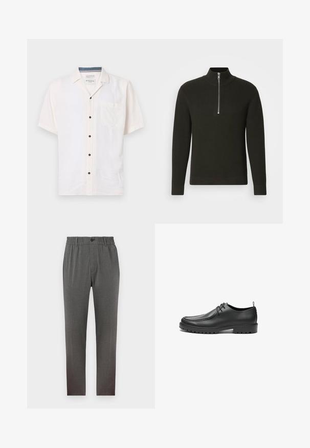 Suéter negro de punto acanalado con un alto cuello y un cierre de cremallera corto, que presenta mangas largas y un diseño ajustado.; Camisa de manga corta hecha de una tela ligera, en color blanco roto, con un bolsillo en el pecho y botones negros a lo largo del cierre frontal.; Pantalones grises con un diseño a medida, que cuentan con una cinturilla elástica, cierre de botón y piernas rectas; hechos de una tela suave y texturizada.; Zapatos de cuero negro con un acabado suave, punta redondeada y costuras decorativas. Cuenta con una suela de goma con surcos para tracción y un diseño de cordones.