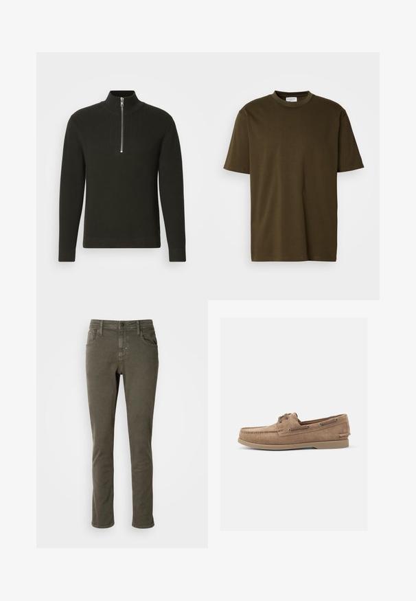 Schwarzer, gerippter Strickpullover mit hohem Kragen und kurzem Reißverschluss, mit langen Ärmeln und schmalem Schnitt.; Ein einfarbig olivgrünes T-Shirt mit kurzen Ärmeln und Rundhalsausschnitt, mit einem sichtbaren weißen Markenetikett am Hals, auf einem weißen Hintergrund präsentiert.; Antony Morato KURT COMFORT - Jeans Tapered Fit - dark olive; Ziegenveloursleder-Loafer in Tan mit Mokassin-Design, ausgestattet mit Metallösen und einer Gummisohle. Keine sichtbaren Muster oder Akzente.