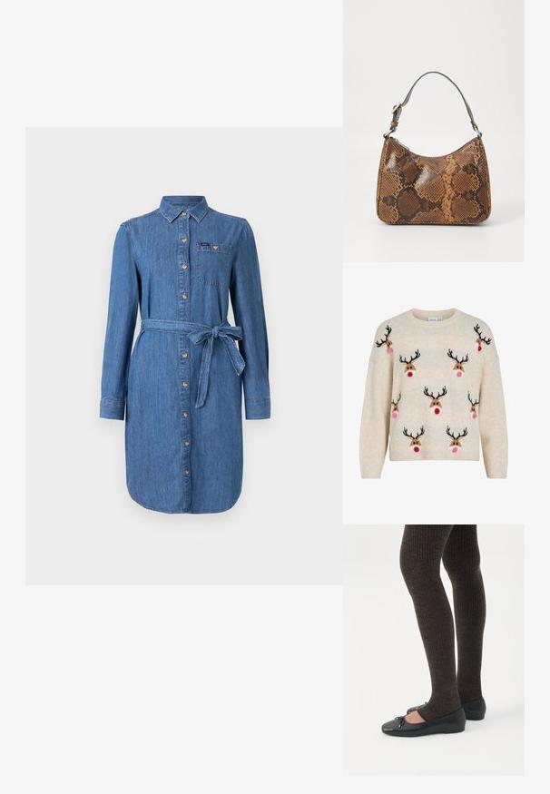 Kremfarvet sweater med blød tekstur, rund halsudskæring og rensdyrmotiver med sorte gevirer, lyserøde pomponer og røde næser.; Denim skjortekjole med lange ærmer, frontknapper, brystlomme og knyttet taljebælte i medium blå vask.; Ben iført mørke ribbede leggings kombineret med sorte balletsko med små sløjfedetaljer på hvid baggrund.; Lille håndtaske med brun og sort slangeskinn mønster, kort justerbar rem og lynlåslukning.