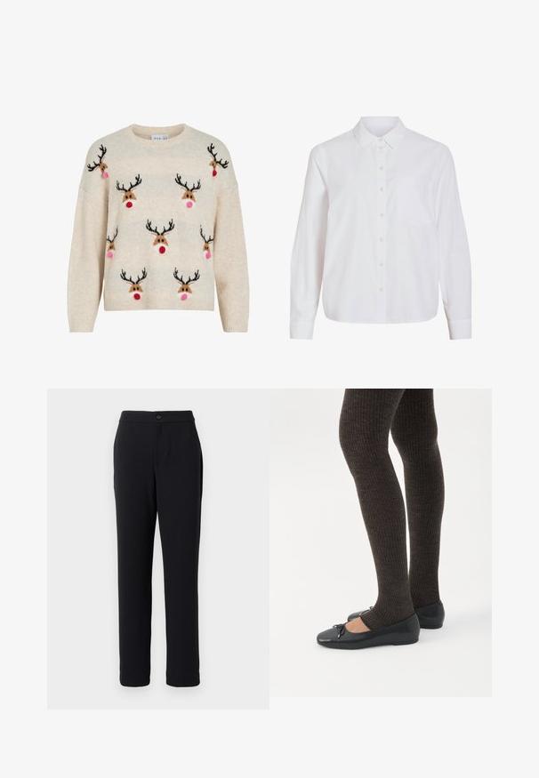 Suéter color crema con textura esponjosa, escote redondo y motivos de renos con astas negras, pompones rosas y narices rojas.; Camisa blanca de manga larga, con cierre de botones en la parte delantera, cuello clásico, un bolsillo en el pecho, confeccionada con una tela lisa y ligera, con un ajuste relajado.; Pantalones negros con un diseño de pierna recta, hechos de una tela suave. Cuentan con un cierre de botón en la parte delantera y bolsillos laterales.; Piernas con leggings oscuros acanalados combinados con bailarinas negras que presentan pequeños detalles de lazo sobre un fondo blanco.