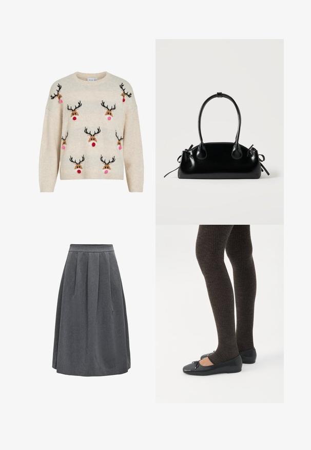Pull couleur crème avec une texture duveteuse, un col rond, et des motifs de rennes aux bois noirs, pompons roses et nez rouges.; Jupe plissée gris foncé de longueur moyenne avec une taille ajustée, conçue pour un usage décontracté ou professionnel.; Jambes portant des leggings côtelés foncés associés à des ballerines noires avec de petits détails en nœud sur fond blanc.; Petit sac à main noir brillant avec deux longues anses et des détails à cordon sur les côtés sur un fond clair uni.