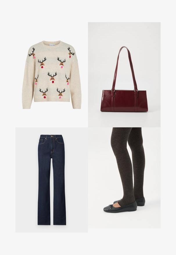 Kremfarvet sweater med blød tekstur, rund halsudskæring og rensdyrmotiver med sorte gevirer, lyserøde pomponer og røde næser.; Mørkeblå denim jeans med lige ben, featuring en frontlukning med knap, fem lommer og kontrasterende syninger.; Ben iført mørke ribbede leggings kombineret med sorte balletsko med små sløjfedetaljer på hvid baggrund.; Bordeaux håndtaske lavet af glansfuldt materiale, rektangulær form, med to skulderremme og subtile buede detaljer på forsiden.