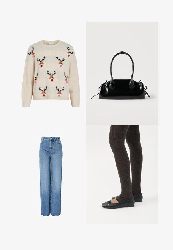 Pull couleur crème avec une texture duveteuse, un col rond, et des motifs de rennes aux bois noirs, pompons roses et nez rouges.; Jean en denim bleu, taille haute, coupe droite, avec fermeture à boutons et zip à l'avant, passants pour ceinture et poches avant et arrière.; Jambes portant des leggings côtelés foncés associés à des ballerines noires avec de petits détails en nœud sur fond blanc.; Petit sac à main noir brillant avec deux longues anses et des détails à cordon sur les côtés sur un fond clair uni.